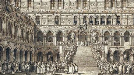 Canalettos Stichvorlage „Krönung des Dogen auf der Scala dei Giganti“ (um 1766) ist nur 389 mal 554 Millimeter groß. 3,9 Millionen Euro ruft die Londoner Galerie Jean-Luc Baroni dafür auf.