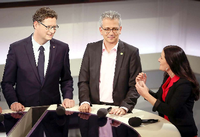 Geht's ohne die Linke? Der hessische SPD-Spitzenkandidat Thorsten Schäfer-Gümbel (l.) Tarek Al-Wazir, Spitzenkandidat der Grünen und Janine Wissler von der Linkspartei.