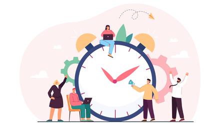 Huge chronometer and team of tiny business cartoon people. Early morning alarm to work or school, countdown, flat vector illustration. Time management, technology concept for banner, website design