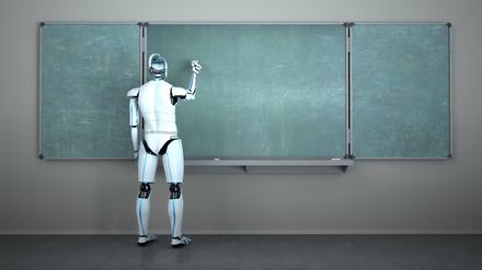  Humanoid Robot Chalk Board Writing Teacher Humanoid robot in the classroom with a green chalk board. 3d illustration.