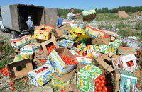 Konfiszierte westliche Lebensmittel werden an der Grenze zu Weißrussland zerstört.