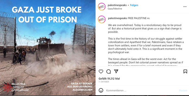Dieser Screenshot vom Instragram-Account der Gruppe „palestinespeaks“ („Palästina Spricht“) wurde am Tag des Angriffs der Hamas auf Israel gepostet.