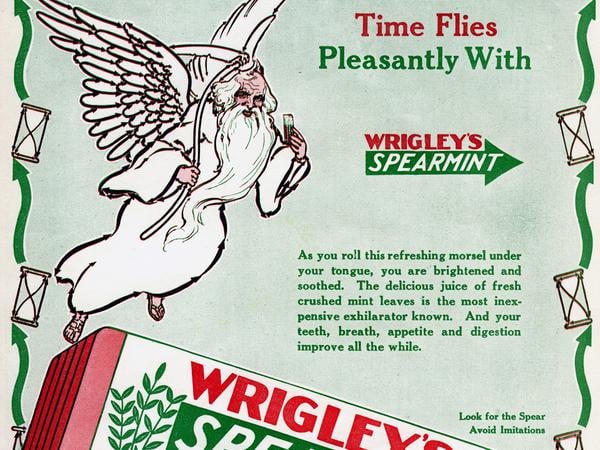 Werbung für „Wrigley s Spearmint Pepsin Gum“ aus dem Jahr 1913. Küstler unbekannt.