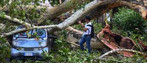 Ein Baum hat in Mailand ein Auto unter sich begraben. In der Nacht auf Dienstag verwüstete ein heftiger Sturm die norditalienische Metropole.