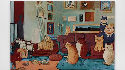 Jonas Lunds Wandteppich „The Fat Cats of the Art World“ entstand auf Basis eines Austauschs mit ChatGPT.