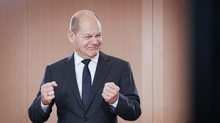 Olaf Scholz (SPD) hielt während der Kabinettssitzung anlässlich des ersten Geburtstags der Ampelkoalition eine kurze Ansprache. 