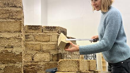 Katharina Elert von der Bauhaus-Uni Weimar. Stroh könnte in Zukunft in Form von Ziegeln zu einem tragenden Mauerwerk verbaut werden.
