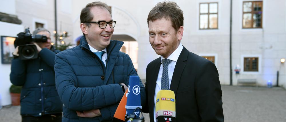 Sind sich einig: der Ministerpräsident von Sachsen, Michael Kretschmer (CDU), und CSU-Landesgruppenchef Alexander Dobrindt (links) im Jahr 2018.