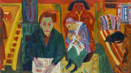 Die Schrecken des Kriegs ließen ihn nicht mehr los: Ernst Ludwig Kirchner porträtiert sich in seinem 1923 entstandenen Gemälde „Das Wohnzimmer“ mit schwefelgrünem Gesicht. 