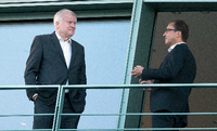Scheinbar entspannt. Olaf Scholz, Andrea Nahles und Angela Merkel vor dem Koalitionsausschuss auf dem Balkon des Kanzleramts.