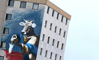 Ein riesiges Kuh-Graffiti wirbt an der Fassade des Wohnheimes der Molkereischule in Kempten (Bayern) für den Konsum von Milch.