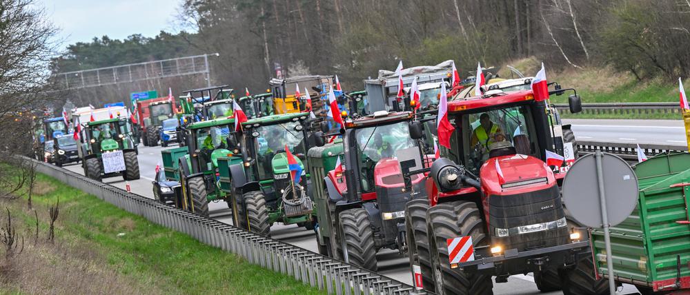 17.03.2024, Polen, Slubice: Landwirte aus Polen sind auf der Autostrada A2 (Europastraße 30) mit ihren Fahrzeugen in Richtung deutsch-polnische Grenze unterwegs. Bauernproteste haben zu erheblichen Verkehrsbehinderungen im Grenzgebiet um Frankfurt (Oder) geführt. Die seit Wochen anhaltenden Proteste polnischer Bauern richten sich gegen die EU-Agrarpolitik, aber auch gegen die Einfuhr günstiger Agrarprodukte aus der Ukraine. Foto: Patrick Pleul/dpa +++ dpa-Bildfunk +++