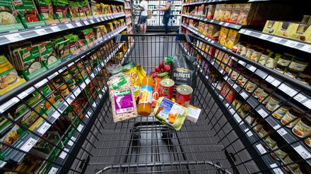 Verschiedene Lebensmittel liegen in einem Supermarkt in einem Einkaufswagen (Symbolbild).