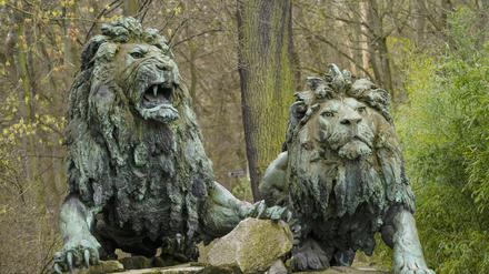 Zwei von vier überlebensgroßen bronzenen Löwen vor dem Alfred-Brehm-Haus im Tierpark Berlin-Friedrichsfelde.