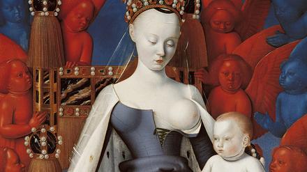 Und im Hintergrund die Engelsschar. Madonna mit Christuskind im Königlichen Museum der Schönen Künste Antwerpen (15. Jahrhundert.)