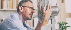 Soooo heeeeeiß: Ein Büroarbeiter sucht Abkühlung vor einem Ventilator.