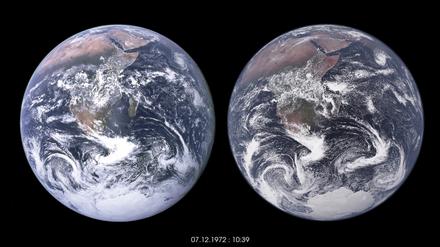 Foto links, Simulation rechts: Anfang Oktober 2022 konnte das Klimasystem auf der Skala von einem Kilometer über ein paar Tage hinweg simuliert werden. 