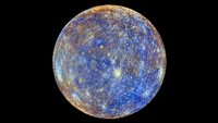 Schöner Merkur. Diese Aufnahme zeigt den sonnennächsten Planeten in "Falschfarben". Sie zeigen die chemischen und mineralogischen Unterschiede der Oberfläche. In Wirklichkeit ist es eher ein grauer Klumpen.