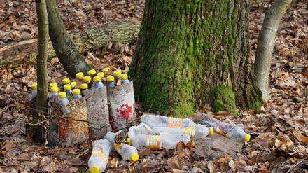  Leere Plastikflaschen liegen im brandenburgischen Landkreis Ostprignitz-Ruppin neben einem Baum.