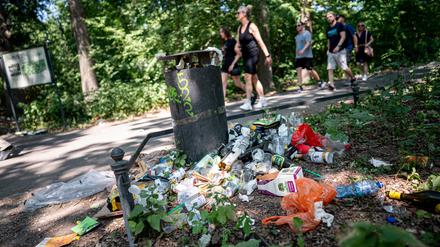 Müll und Flaschen liegen im Tiergarten entlang der Route der Technoparade Rave the Planet.