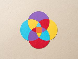 Paper Craft Multi Layered Colorful Venn Diagram Composed of Four Crossing Circles on Beige Background Directly Above View.
Mischfond
