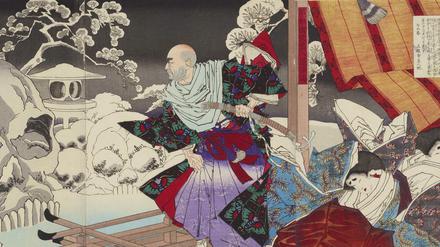 „Taira no Kiyomori sieht die Schädel seiner Feinde im verschneiten Garten“ von Tsukioka Yoshitoshi (1839–1892). Meiji-Zeit, 1882.