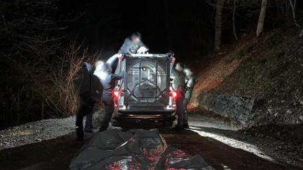 Mitarbeiter des Trentiner Forstkorps bereiten am 18. April den Transport der Bärin JJ4, die mit Hilfe einer großen Rohrfalle gefasst wurde, in ein Wildreservat vor.