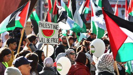 28.10.2023, Bayern, München: Eine Demonstrantin hält auf einer Pro-Palästina-Kundgebung ein Schild mit der Aufschrift "Palestine will be free". Wochen nach dem Terrorangriff der Hamas auf Israel kam es deutschlandweit erneut zu zahlreichen Demonstrationen. Foto: Karl-Josef Hildenbrand/dpa +++ dpa-Bildfunk +++