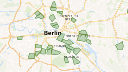 Berlin-Karte mit Kiezblock-Projekten, die grün eingefärbt wurden.