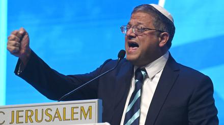 Der israelische Sicherheitsminister Itamar Ben-Gvir bei einer Gaza-Konferenz in Jerusalem.