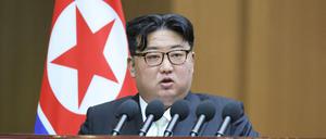 Kim Jong Un bei seiner Rede vor dem „Parlament“ Nordkoreas.