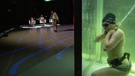 Live-Piercing im Aquarium. Florentina Holzinger fährt mit einem Wasserbassin auf der Bühne auf.
