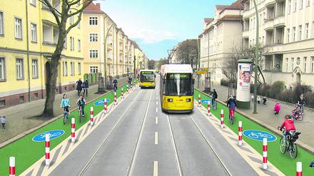 Ostbeilage Plan der Senatsverkehrsverwaltung für die Siegfriedstraße aus. Simulation: Changing Cities