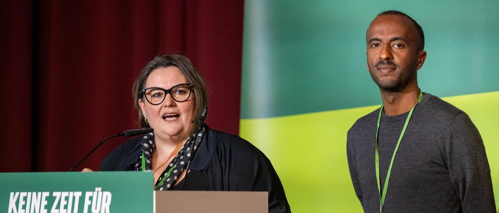 Susanne Mertens und Philmon Ghirmai, die derzeitigen Landesvorsitzenden der Berliner Grünen.