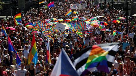 Participants attend the Prague Pride Parade where thousands march through the city center in support of LGBTQ rights, in Prague, Czech Republic, August 12, 2023. REUTERS/David W Cerny