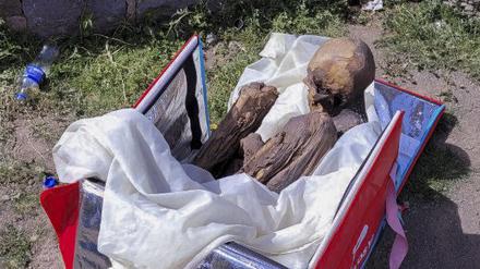 Dieses am 25. Februar 2023 von Puno TV veröffentlichte Bild zeigt eine Mumie, die in einer Kühlbox eines Lieferdienstes in Puno, Peru, gefunden wurde. 