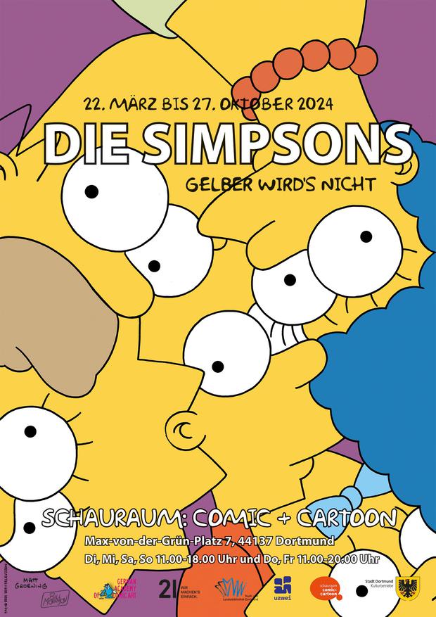 Das Plakat zur Ausstellung  „Die Simpsons – Gelber wird’s nicht: 35 Jahre Simpsons, 70 Jahre Matt Groening“, die vom 22. März bis zum 29. Oktober in Dortmund zu sehen ist.