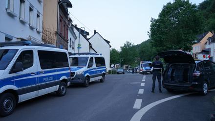 Einsatzfahrzeuge der Polizei stehen im Ortsteil Kövenig. Die Polizei hat nach Hinweisen auf möglicherweise verbotene Musik eine private Feier in dem rheinland-pfälzische Moselort Kröv beendet. 