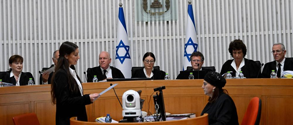 President of the Supreme Court Esther Hayut and all fifteen justices assemble to hear petitions against the reasonableness standard law in the High Court in Jerusalem, on Tuesday, September 12, 2023. PUBLICATIONxINxGERxSUIxAUTxHUNxONLY JER2023091205 DEBBIExHILL