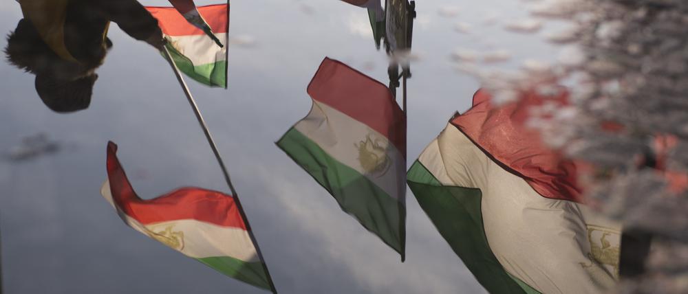 Iranische Flaggen spiegeln sich in einer Pfütze. 