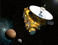 Ziel erreicht. Die künstlerische Darstellung zeigt die Nasa-Sonde mit dem Zwergplanet Pluto und drei seiner Monde. Am Dienstag soll das Raumfahrzeug im Abstand von 12.500 Kilometern an Pluto vorbeirasen - weiter zum Kuiper-Gürtel.