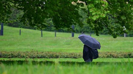 Ein Mann geht mit einem Regenschirm in Stuttgart bei Regenwetter durch den Schlosspark. 