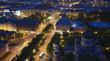 Latvia,Riga,elevated view of Old Riga,Vecriga,evening