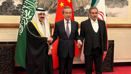 Saudi Minister of State and National Security Adviser Musaed bin Mohammed Al-Aiban, meets the Iranian Rear Admiral Ali Shamkhani, the secretary of the Supreme National Security Council, and China's Director of the Office of the Central Foreign Affairs Commission Wang Yi, in Beijing, China, March 10, 2023. Saudi Press Agency/Handout via REUTERS    THIS IMAGE HAS BEEN SUPPLIED BY A THIRD PARTY 