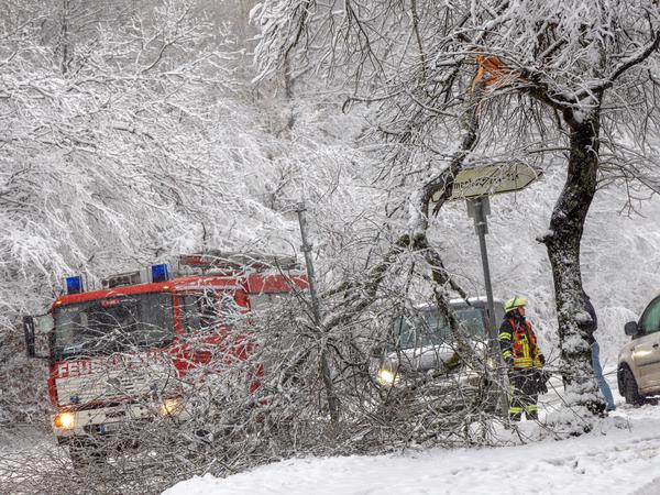 Einsatzkräfte der Feuerwehr sind auf einer Landstraße in Richtung Großer Feldberg wegen Schneebruchs im Einsatz. Auch im Taunus hat es in der letzten Woche heftig geschneit. 
