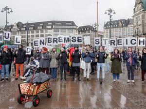 Demonstranten in Hamburg halten Schilder mit der Aufschrift „Schuldenbremse streichen !“.