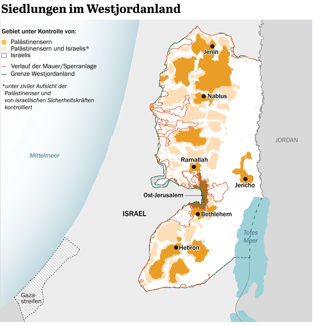 Das besetzte Westjordanland, das in drei Zonen eingeteilt ist, in denen Israel unterschiedlich große Befugnisse hat.
