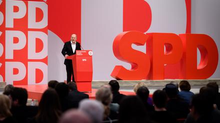 Bundeskanzler Olaf Scholz während seiner Rede beim SPD-Parteitag am Samstag.