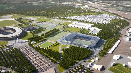 Die Visualisierung zeigt den möglichen Standort eines reinen Fussballstadions (r) in der Nähe des Olympiastadions.
