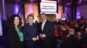 Triell zur Berlin-Wahl auf dem Euref-Campus: Bettina Jarasch, Franziska Giffey und Kai Wegner (von links).
